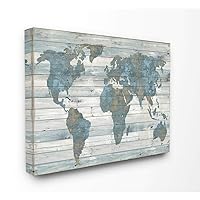 Stupell Industries Slate Blue and Tan Rustic Planked Look Weathered World Map Canvas Wall Art, 16 x 20, Design by Artist Jamie MacDowell