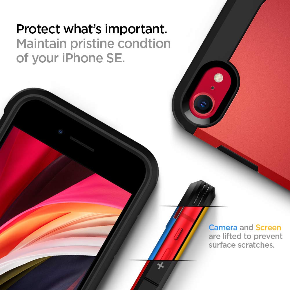 Spigen Tough Armor Case for iPhone SE 2022/SE 3/SE 2020/8/7 - Extreme Protection, Red, Kickstand