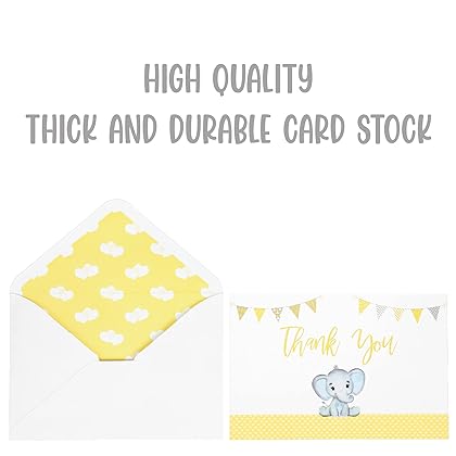 Baby Shower Thank You Cards Boy & Girl | Baby Shower Thank You Cards With Envelopes Girl Boy | 50 Pack Yellow Watercolor Elephant | Gender Neutral Baby Shower Card | Thank You Cards Baby Shower | New Baby Card