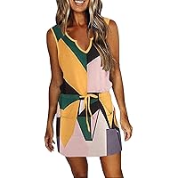 SAUKOLE Womens Sleeveless T Shirt Dresses 2024 Casual Cute Floral Print Short Dress Summer Fashion Front Pockets