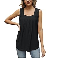 Women's Eyelet Embroidery Square Neck Tank Tops Cute Babydoll Tops Summer Casual Curved Hem Flowy Shirts Blouses
