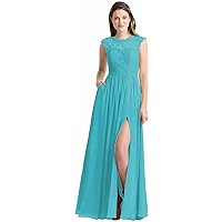 Women's Lace Pleated Bridesmaid Dresses Long Chiffon Slit Formal Prom Evening Gowns with Pockets