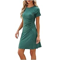 Short Sleeve T Shirts Dress for Women Summer Going Out Dress Casual Crewneck Side Ruched Mini Dress Soft Comfy Tunic Dress