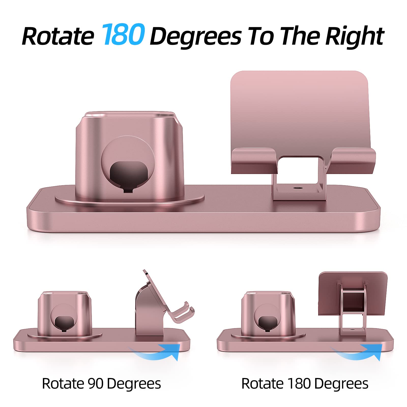 180°Rotation Phone Charger Stand Holder，3in1 Charger Dock, Charging Stand for iPhone/Apple Watch/Airpods/ipad and Most Smartphones (Rose Gold)