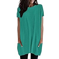 2024 Womens Long Shirts Spring Summer Oversized Casual Short Sleeve Blouses Solid Fashion Tunic Loose Tops with Pockets