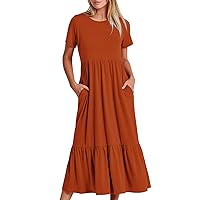 Maxi Dress Womens Plus Size Summer Beach Long Dress Crewneck Short Sleeved Dresses with Pocket Casual Tunic Flowy Hem
