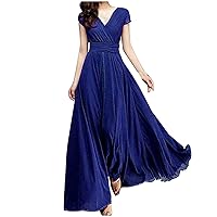 Women's V-Neck Solid Color Short Sleeve Chiffon Waist Closing Evening Dress Dresses Midi (A-Blue, XXL)