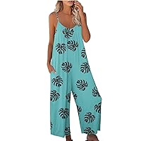 Spaghetti Strap Jumpsuits For Women Sexy Summer Sleeveless Baggy Bib Overall Printed Casual Wide Leg Pants Romper