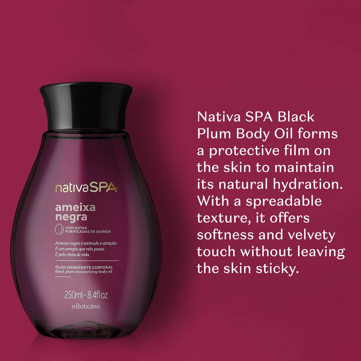Nativa SPA by O Boticário, Black Plum Body Oil, Enriched with Purified Quinoa Drops to Boost Hydration, 6.8 Ounce