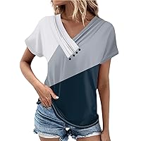 Going Out Tops for Women Fashion Retro Printed T-Shirts Pleated Button Shirt Short Sleeve V-Neck Tops Basic Comfortable