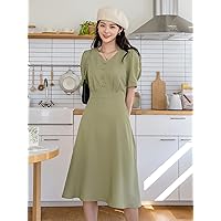 Women's Dress Puff Sleeve Fake Button Tie Back Slant Pockets Dress Dress for Women (Size : Large)