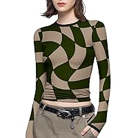 Women Color Block Slim Fitted Crop Tops Plus Size Sexy Fashion Long Sleeve T-Shirt Crewneck Stretchy Cropped Blouses