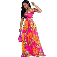 lvenzse Womens Maxi Dress Boho Chiffon Floral Printed V-Neck Long Dresses
