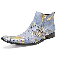 Men's Genuine Leather Double Buckle Chelsea Boots Fashion Casual Coloful Beads Party Ballroom Cowboy Mid Toe Boot