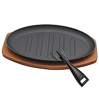 Cast Iron Steak Plate Sizzle Griddle, Round Shape Grill Fajita Server Plate, with Wooden Base Steak Pan, Household use or Restaurant Supply (10