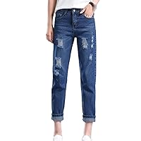 Women's Fashion Ripped Loose Eighth Point Jeans Destroyed Stretchy Raw Hem Jeans Loose Boyfriend Hole Denim Pants