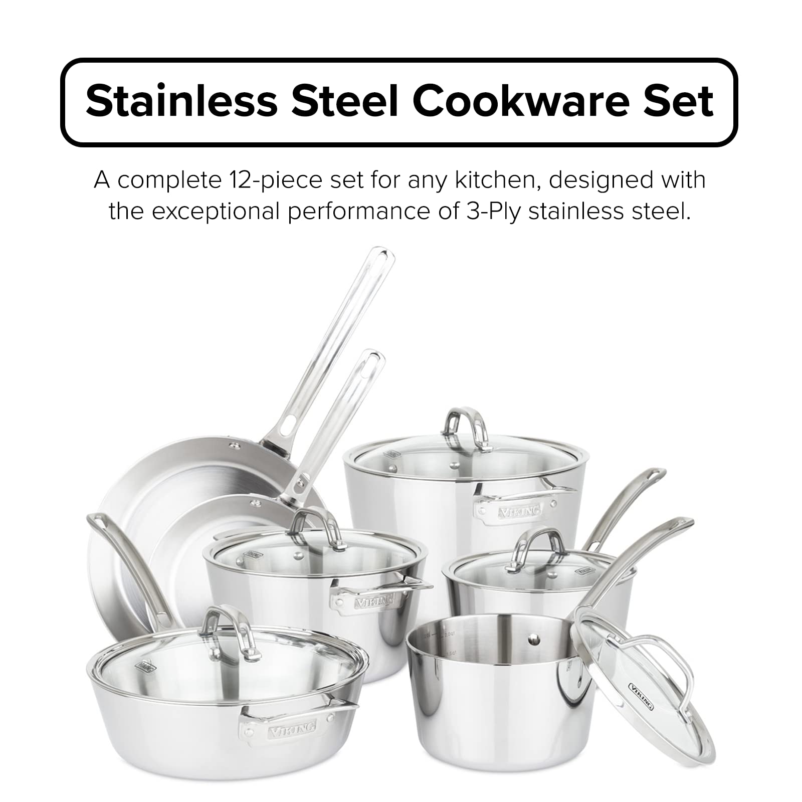 Viking Culinary Contemporary 3-Ply Stainless Steel Cookware Set with Glass Lids, 12 Piece | Dishwasher, Oven Safe | Works on All Cooktops including Induction