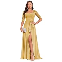 Lace Chiffon Mother of The Bride Dresses for Wedding Long Ruffle Half Sleeve Formal Evening Dress with Slit