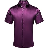 Hi-Tie Men's Dress Shirts Purple Satin Short Sleeve Regular Fit Stretch Solid Button Down Casual Party Prom Beach Tops(X-Large)