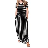 Girls Long Holiday Dress with Pockets Short Sleeve Stripe Dress Maxi Dress