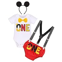 IMEKIS Baby Boy Mouse 1/2 First Birthday Outfit Romper + Suspenders + Pants + Headband Half Way to One Cake Smash Photo Shoot