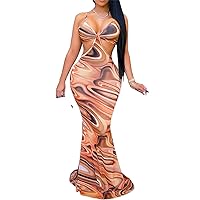 Womens Sexy Spaghetti Strap Sleeveless Printed Cut Off Waist Bodycon Party Clubwear Long Dress