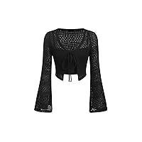 Verdusa Women's Crochet Tie Front Long Sleeve Knit Crop Shrug with Cami Top 2 Piece Outfit
