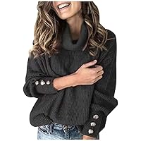 MMOOVV Women Sweater Fashion Solid Turtleneck Button Long Sleeve Loose Knitted Jumpers Casual Baggy Plus Size Pullover Tops