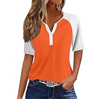 COTECRAM 2024 Womens Tops Raglan Contrast Fashion Short Sleeve Button V Neck Casual T-Shirts Loose Fit Summer Blouses Tunics