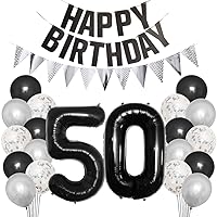 50th Birthday Party Decorations Set for Girl Boy Women Men Black HAPPY BIRTHDAY Letter Banner Silver Sparkly Glitter Traingle Banner Confetti Latex Balloons with Black Giant Number 50 Balloon