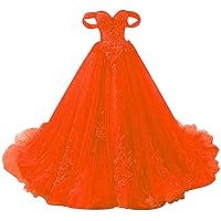 Women's Off The Shoulder Sweet 16 Quinceanera Dresses Lace Long Prom Ball Gowns Orange Red
