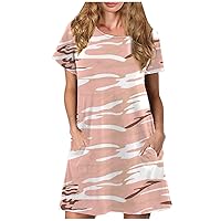 Summer Dresses for Women, Women's Business Casual Outfits Work Vacation Dresses Beach Large Dresses Round Neck Short Sleeve Casual Loose Printing Dresses Women's Maxi Dress with (XXL, Pink)