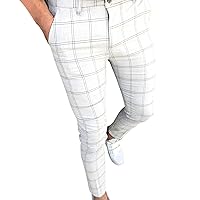 Men's Plaid Stretch Dress Pants Casual Flat Front Skinny Business Trousers Classic Stylish Slim Tapered Pant