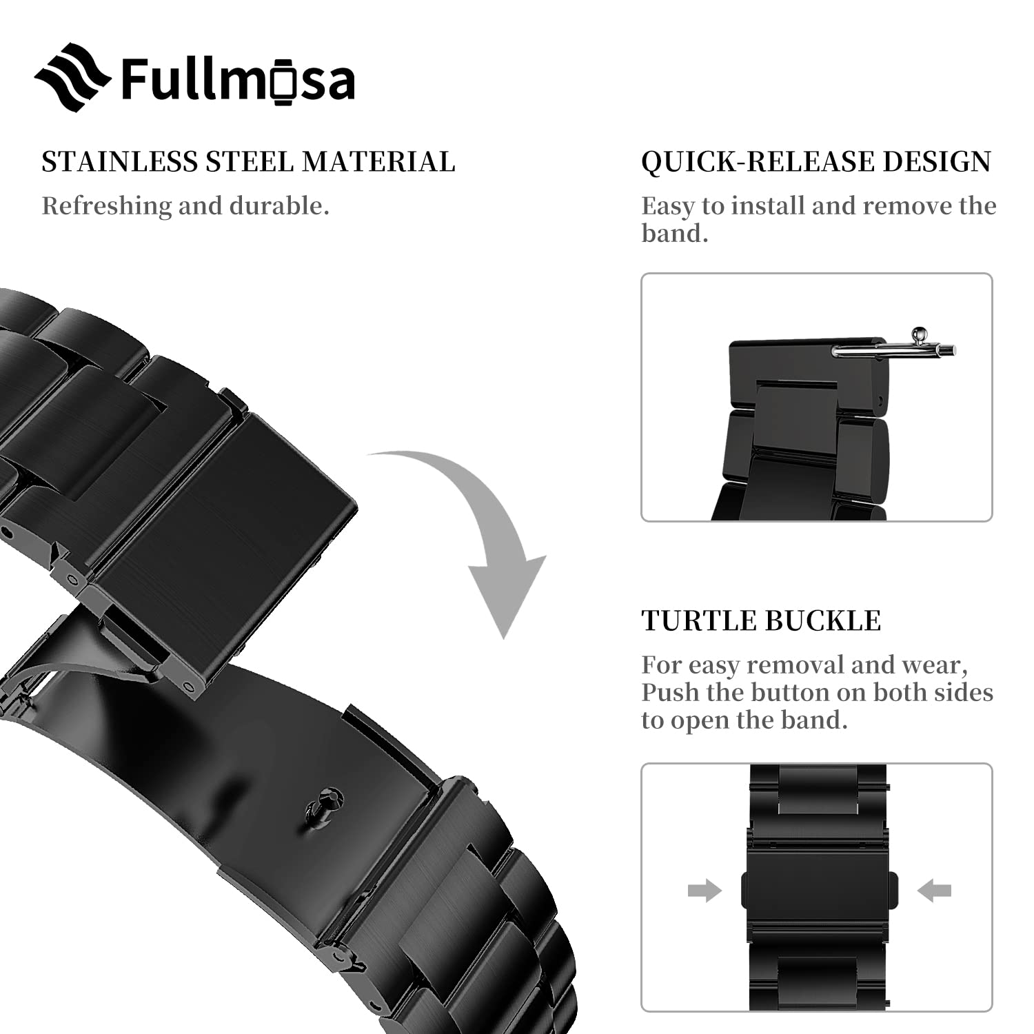 Fullmosa 20mm Stainless Steel Watch band Compatible with Samsung Galaxy Watch 5 40mm 44mm/Pro 45mm,Galaxy Watch 4 40mm 44mm/Classic 46mm 42mm(2021),Galaxy Watch 3 41mm/Watch 42mm/Active 2 40mm, Black