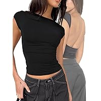 Womens Sexy Backless Crop Top Low Open Back Short Sleeve Slim Fit Summer Y2k Going Out T-Shirts 2024