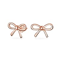 Delicate Simple Dainty Twist Rope Cable Ribbon Birthday Present Bow Stud Earrings Pendant For Women Teens Rose Gold Plated .925 Sterling Silver