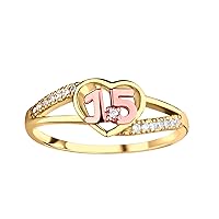 Sterling Silver with Gold-Plating Heart Ring for Quinceanera Gift, Girls Sweet 15 Present with 15 Sparkling CZs