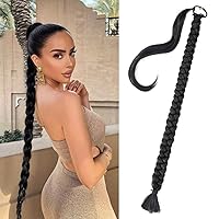 Long Sleek Braided Ponytail Extension for Women 32 Inches Yaki Straight Wrap Around Black Hair Extensions Braided Ponytail with Hair Tie Natural Soft Hair Piece Synthetic Ponytail Extention 150Gram