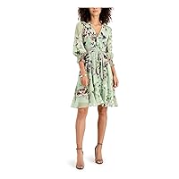 Women's Petite Long Smocked Sleeve Ruffle V-Neck Faux Wrap Floral Short Chiffon Dress with Waist Tie