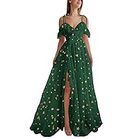 Basgute Sparkly Starry Tulle Prom Dresses Long Glitter Star Puffy Sleeve Formal Evening Party Gown with Slit for Women