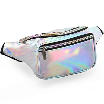 Holographic Fanny Pack for Women Men, Water Resistant Crossbody Waist Bag Pack with Multi-Pockets Adjustable Belts