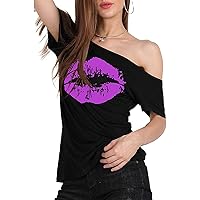 Plus Size Tops for Women, Women's Casual Off The Shoulder Tops Lips Print Short Sleeve T Shirts Loose Summer Blouses