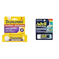 Dramamine Motion Sickness 8 Count and Advil 200mg Ibuprofen Liquid Filled Capsules 8 Count Pain Relief Bundle