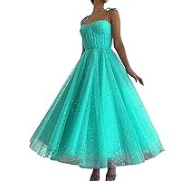 2023 Tulle Prom Dresses Sparkly Glitter Sequin Tea Length A-Line Spaghetti Strap Formal Evening Party Gowns for Teens