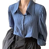 Fold Women Blouses Solid Color Spring Shirt Single Lapel Thin Long Sleeve