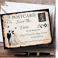 Black White Vintage Rustic Postcard Personalized Wedding Save The Date Cards