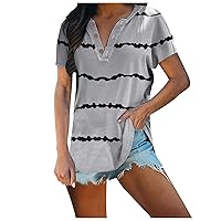 Women Button V-Neck Striped T-Shirts Fashion Short Sleeve Tunic Tops Summer Loose Casual Tee Blouses for Going Out