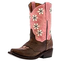 Kids Pink Western Cowboy Boots Flower Embroidery Grain Leather Snip Toe
