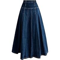 Pleated Jean Skirts Autumn High Waist Straight Women Loose Long Wash Denim Midi Skirts