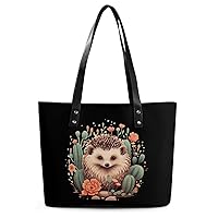 Hedgehog Cactus Women's Handbag PU Leather Tote Bag Purses Top Handle Shoulder Bags for Work Travel Business Shopping Casual
